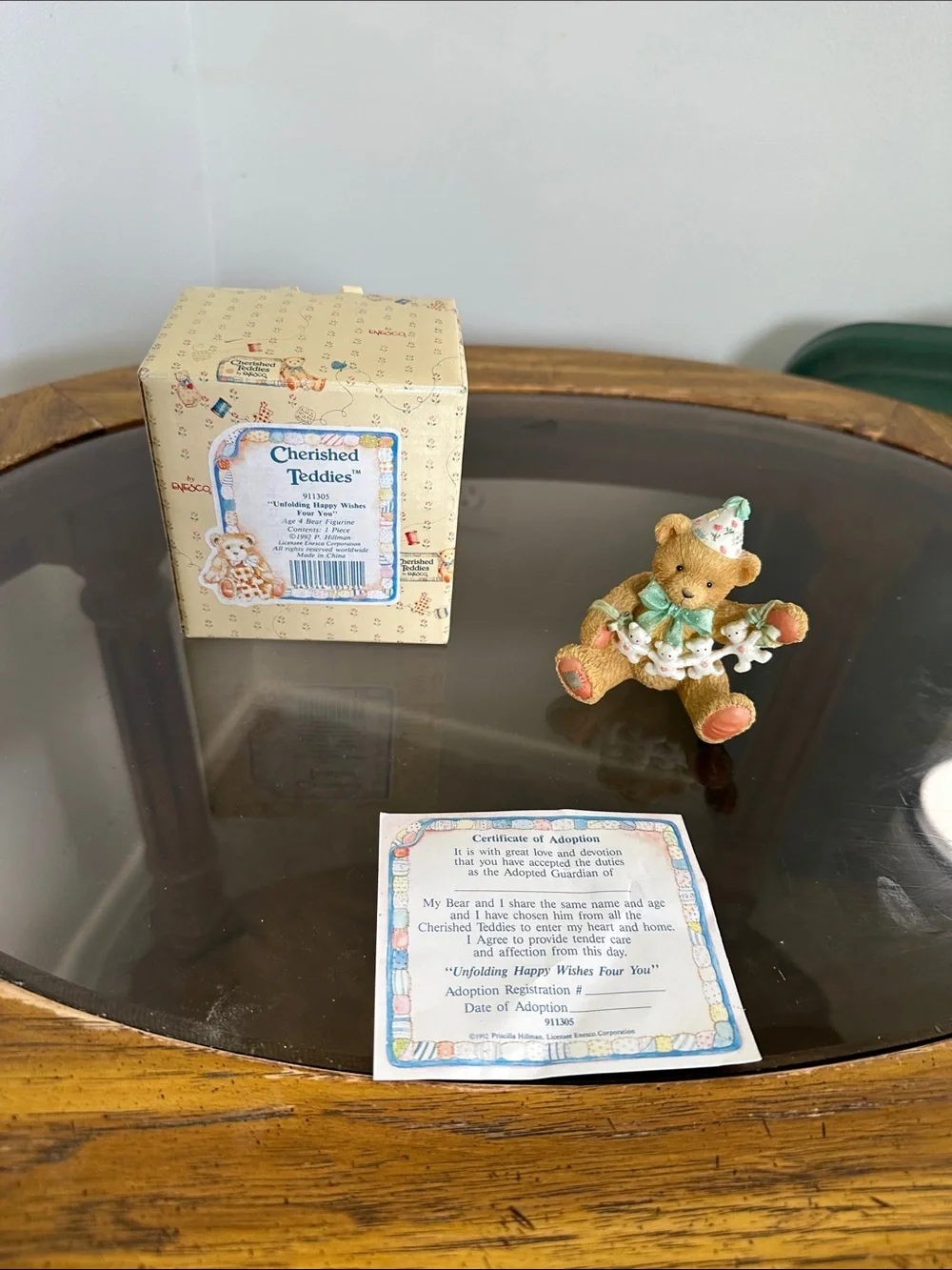 Cherished Teddies Tan Bear Figurine with Green Hat and Garland